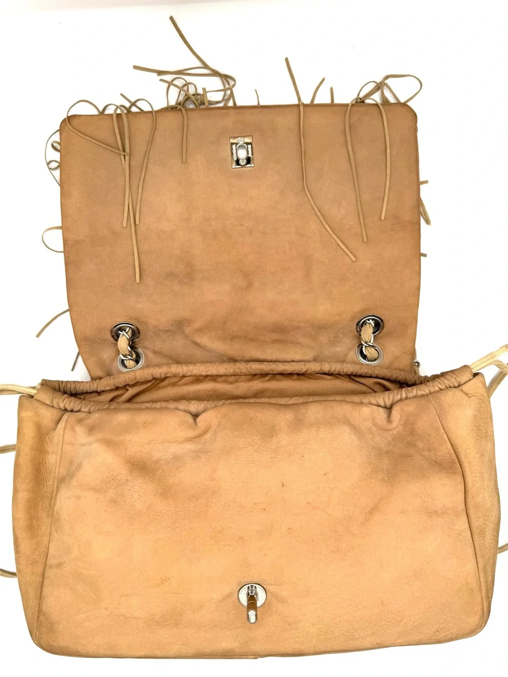 Chanel Tan Brown Suede Fringe Floral CC Flap Bag